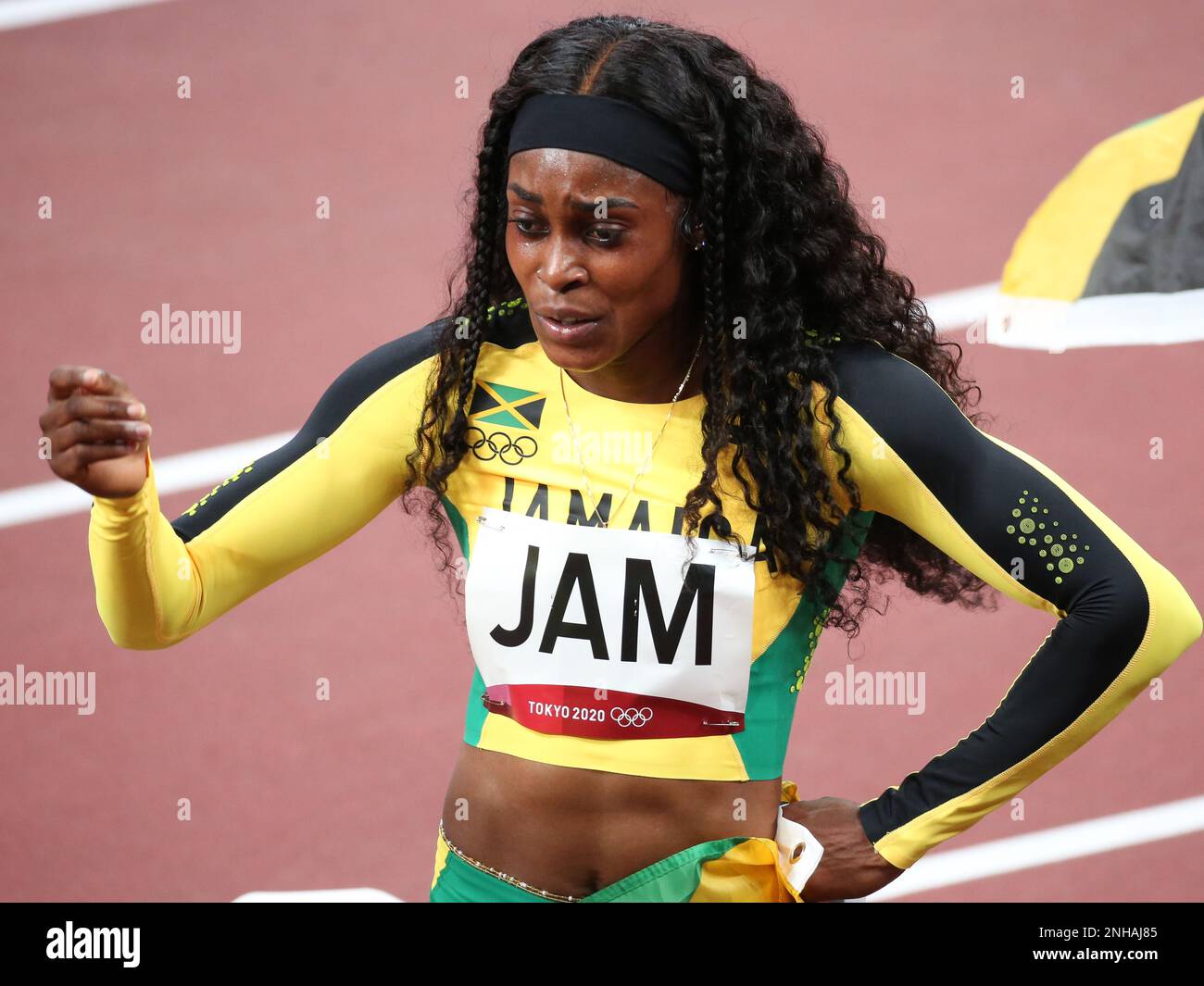 AUG 06, 2021 - Tokyo, Japan: Elaine Thompson-Herah and Team Jamaica celebrate winning the Gold Medal in the Athletics Women's 4 x 100m Relay Final at Stock Photo
