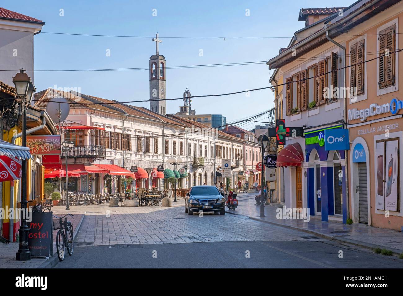 Shops and restaurants in the city centre of Shkodër / Shkodra in summer