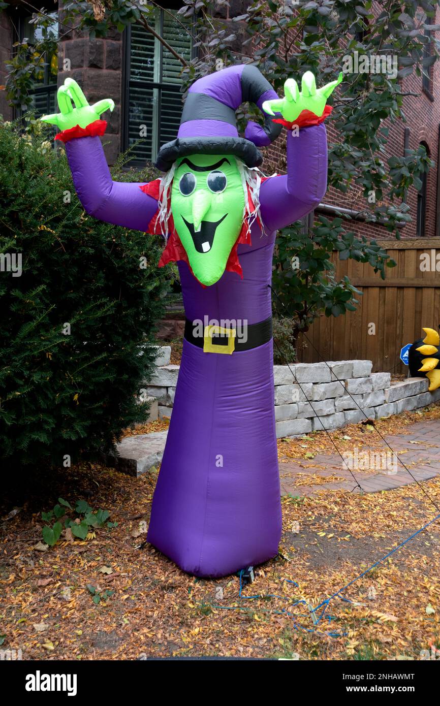 Inflated purple witch with green face cheering Halloween. St Paul Minnesota MN USA Stock Photo
