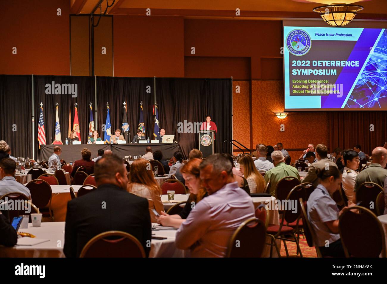 Mr. Nick Blanchette, Student, MIT, Mr. Chase Harward, Student, Utah State University, Ms. Hallie Griffiths, Student, University of Virginia and Ms. Abigail Cawley, Student, Nebraska Wesleyan University, participate in a panel discussion at United States Strategic Command's 13th annual Deterrence Symposium in La Vista, Nebraska, 28 July 2022. The Deterrence Symposium is the premiere event for United States Strategic Command, drawing from academic, government, military, and international experts, with the goal of exploring a broad range of deterrence issues and thinking. Stock Photo