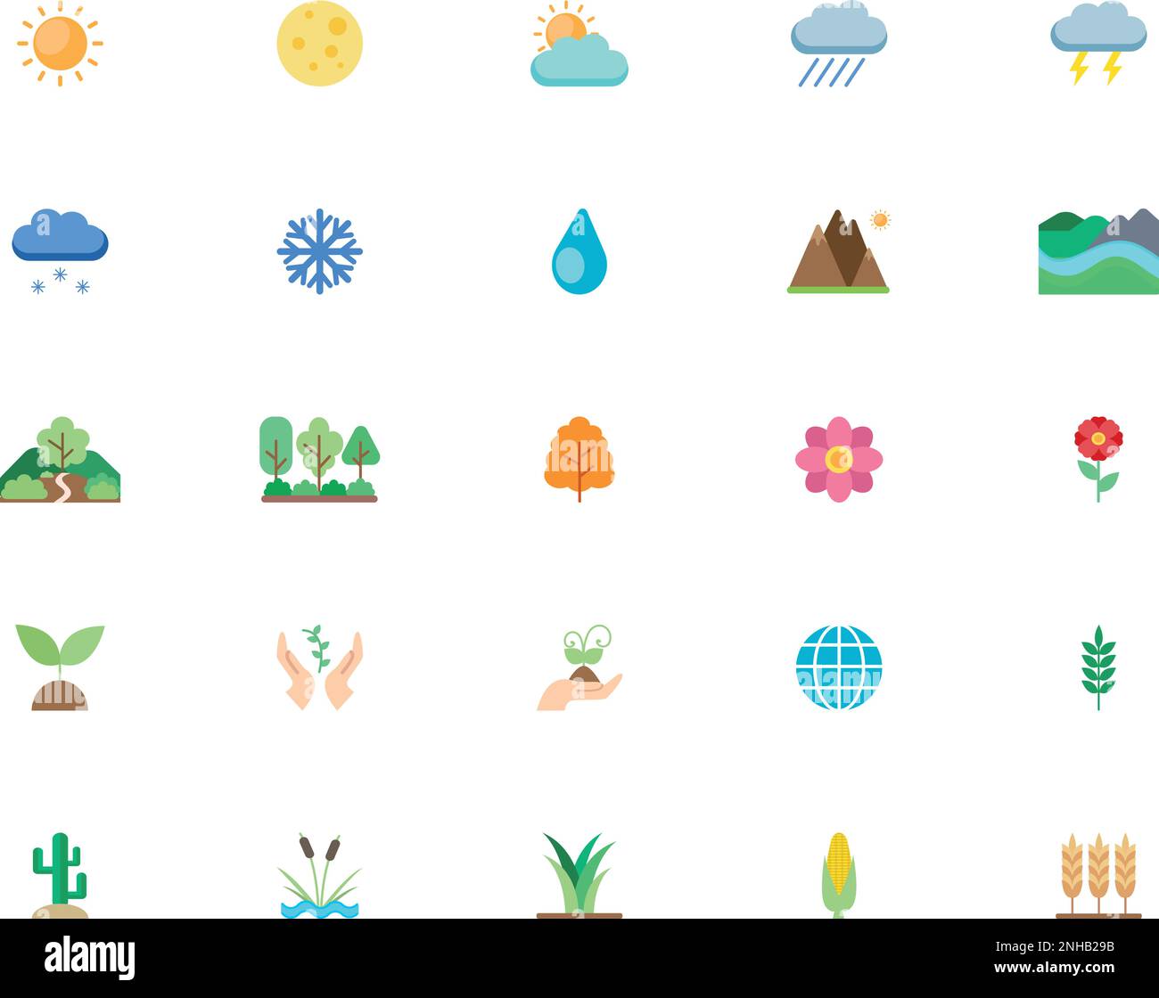 Nature and environment set of icons in flat style. Pack of bright icons of ecology, weather, seasons and landscape. Vector art Stock Vector