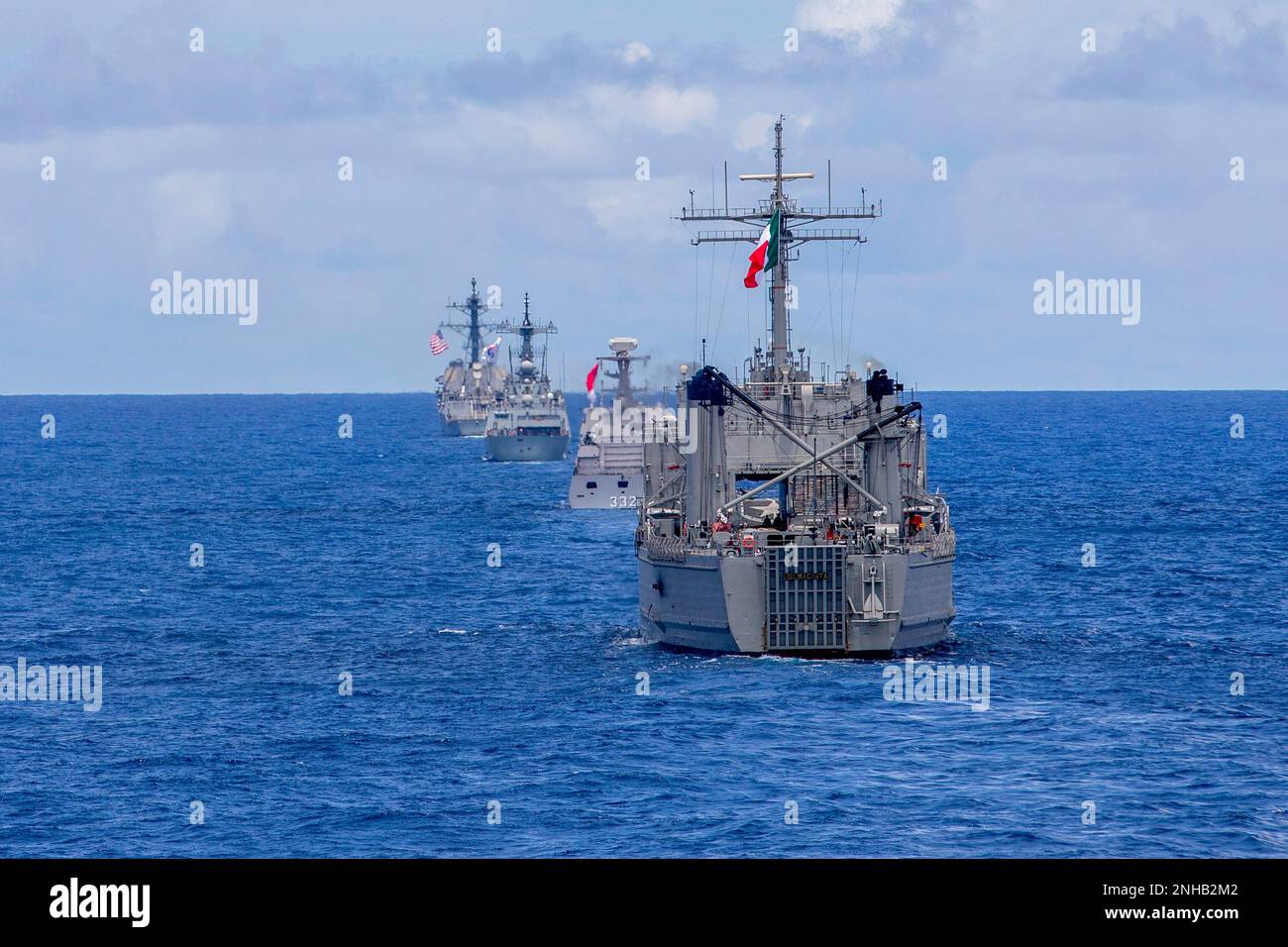 PACIFIC OCEAN (July 28, 2022) From right, Mexican Navy tank landing ship ARM Usumacinta (A 412), Indonesian Navy frigate KRI I Gusti Ngurah Rai (332), Republic of Korea Navy Chungmugong Yi Sun-sin-class destroyer ROKS Munmu The Great (DDH 976) and U.S. Navy Arleigh Burke-class guided-missile destroyer USS Spruance (DDG 111) sail in formation during Rim of the Pacific (RIMPAC) 2022, July 28. Twenty-six nations, 38 ships, three submarines, more than 170 aircraft and 25,000 personnel are participating in RIMPAC from June 29 to Aug. 4 in and around the Hawaiian Islands and Southern California. The Stock Photo
