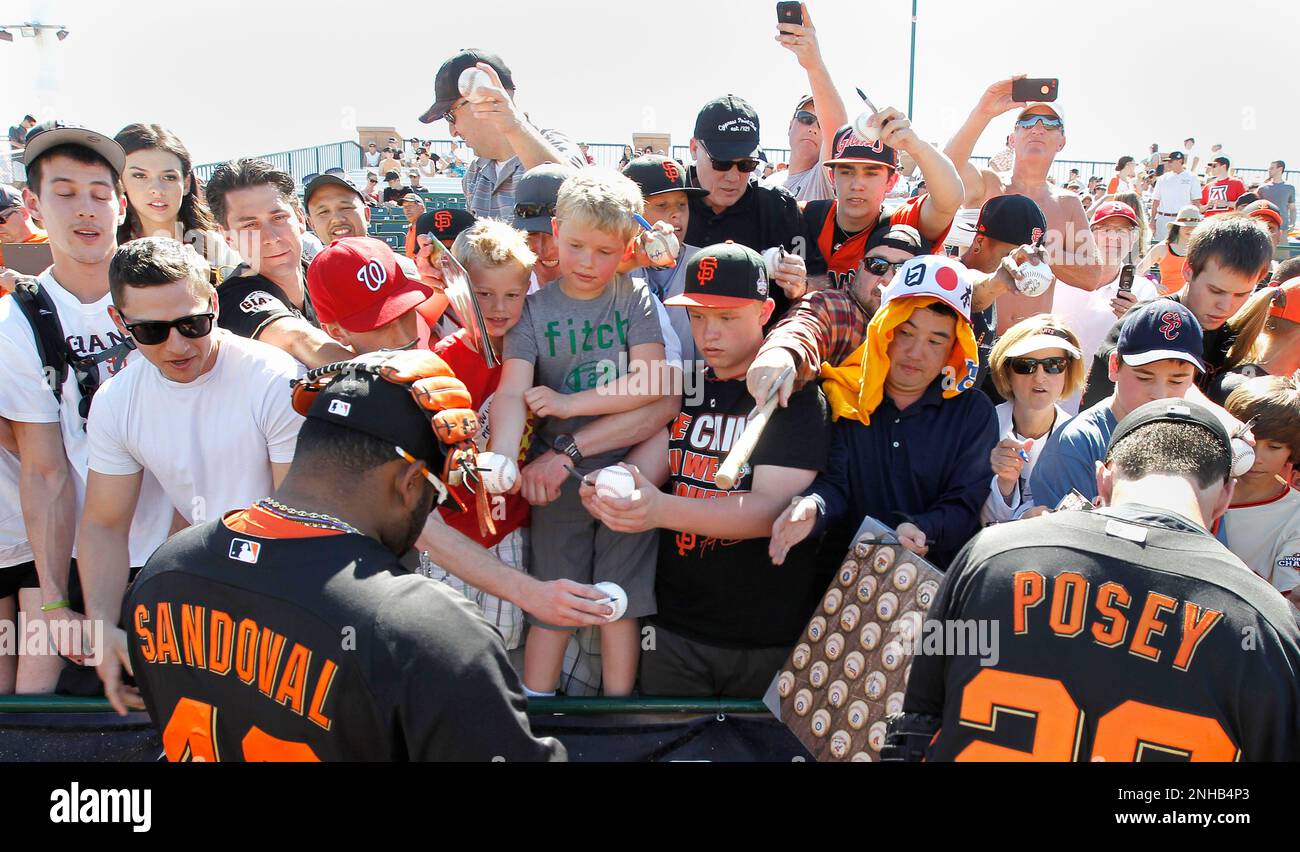 San Francisco, California, USA. 04th Apr, 2018. San Francisco Giants third  baseman Pablo Sandoval (48) celebrates a three run homer with team mates  catcher Buster Posey (28) and right fielder Andrew McCutchen (