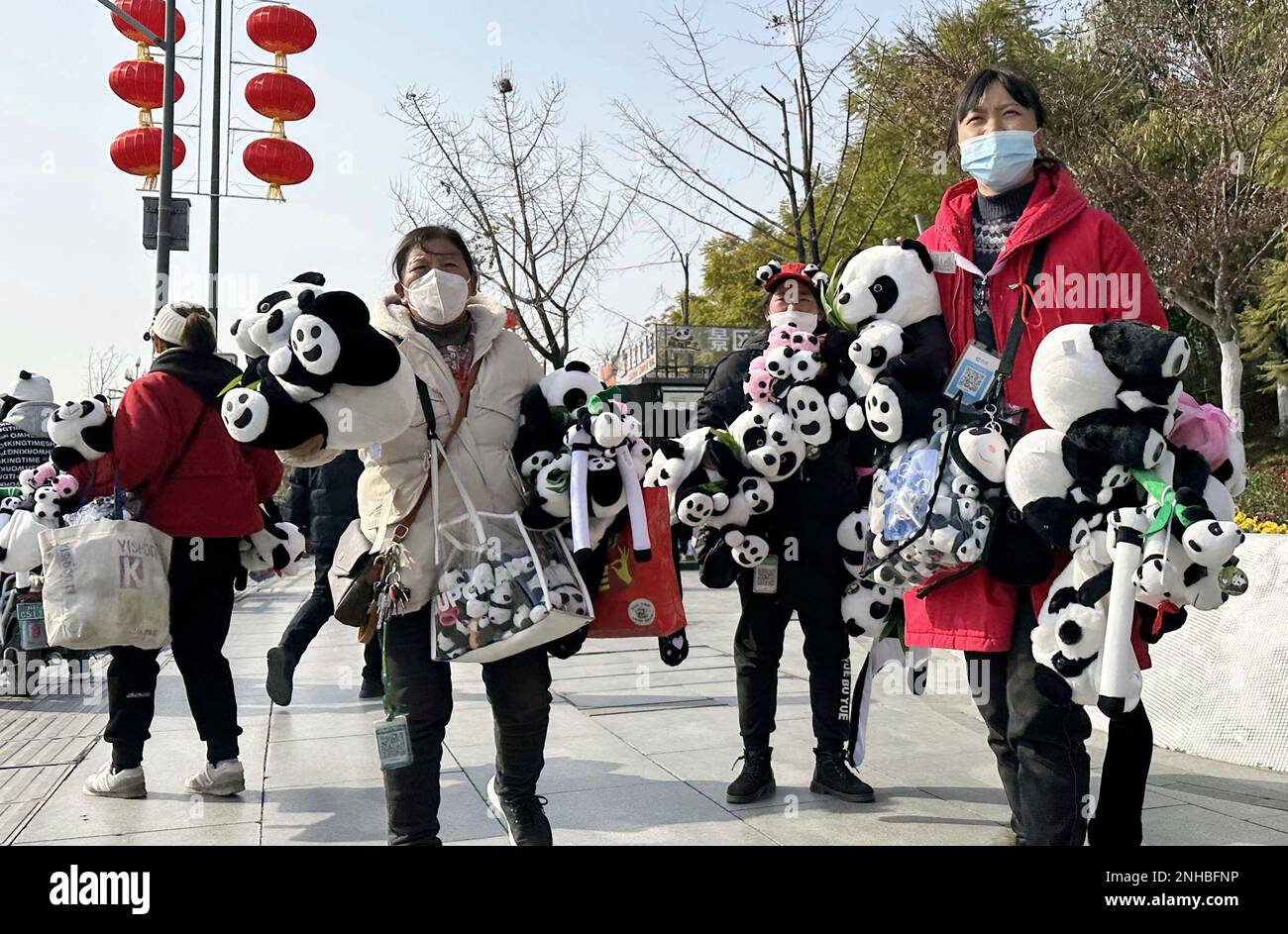 Street vendors sell giant panda stuffed animal in front of Chengdu