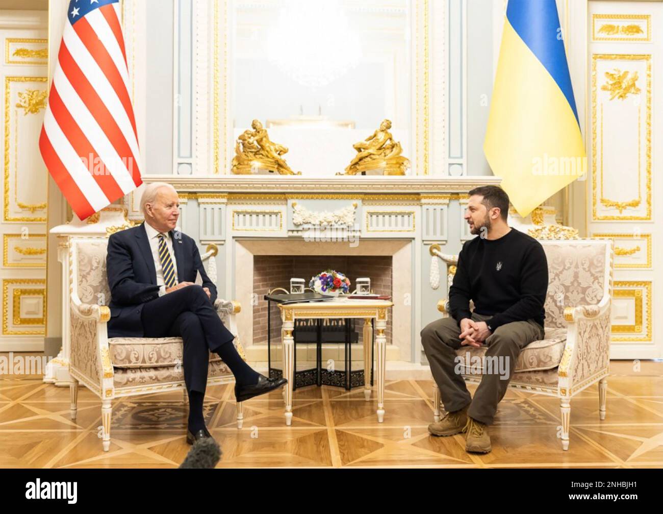 US PRESIDENT JOE BIDEN in talks with Ukrainian President Volodymyr Zelensky in Kiev  20 February 2023 Stock Photo