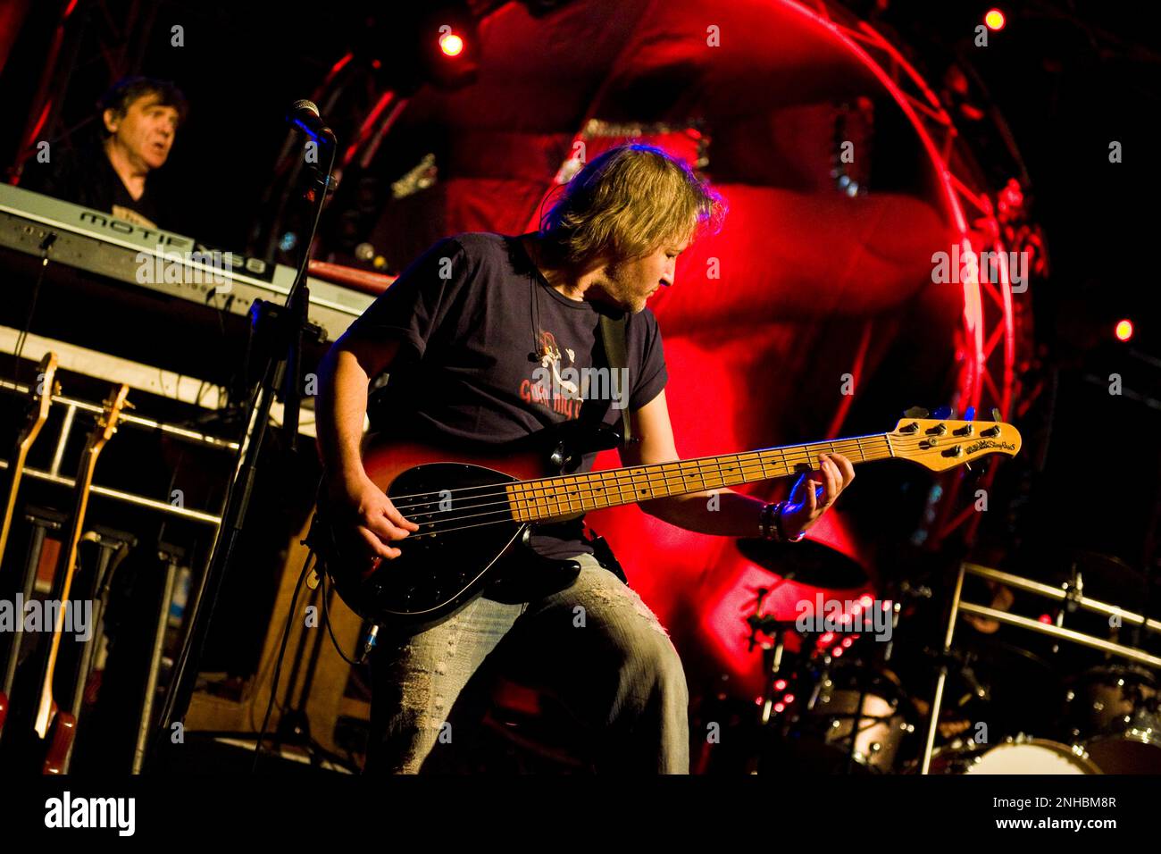 Massimo Vecchi, voice and bass guitar, Nomadi in concert, Crescentino, Vercelli province, Italy, 28.05.2010 Stock Photo