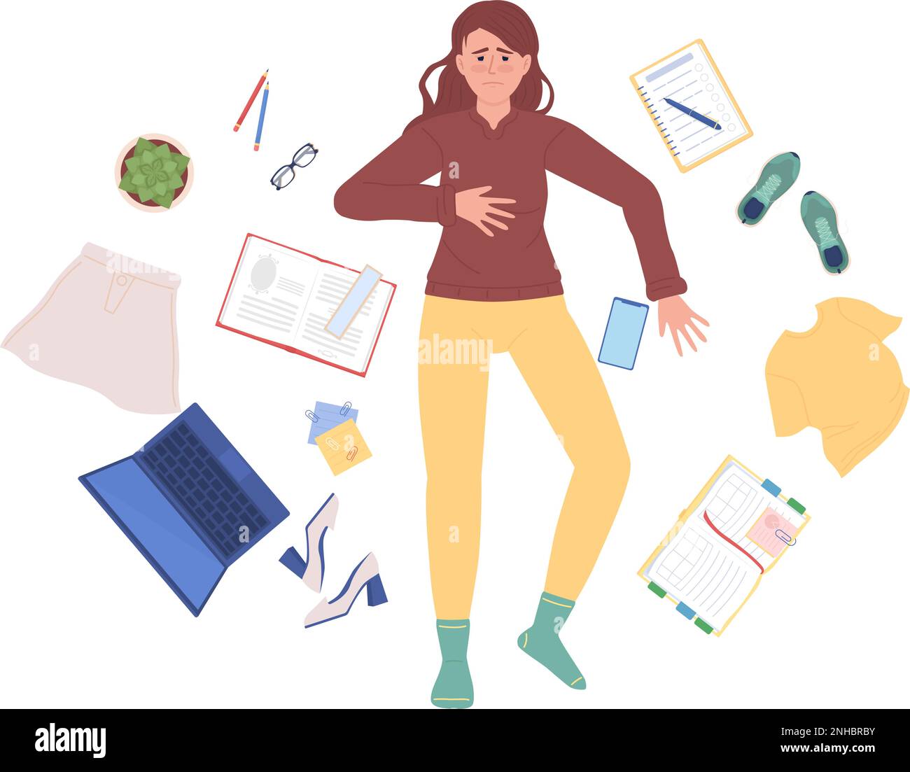 Exhausted girl lying on messy bedroom floor semi flat color vector character Stock Vector Image