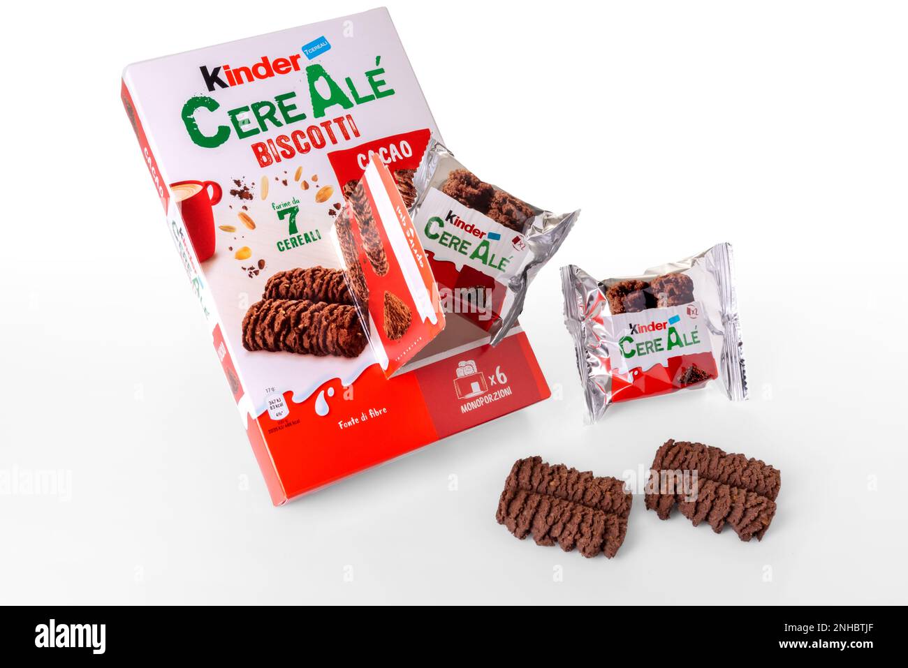 Alba, Italy - February 20, 2023: Kinder CereAle Ferrero box, packs and cookies made with seven cereales and cocoa isolated on white and clipping path Stock Photo