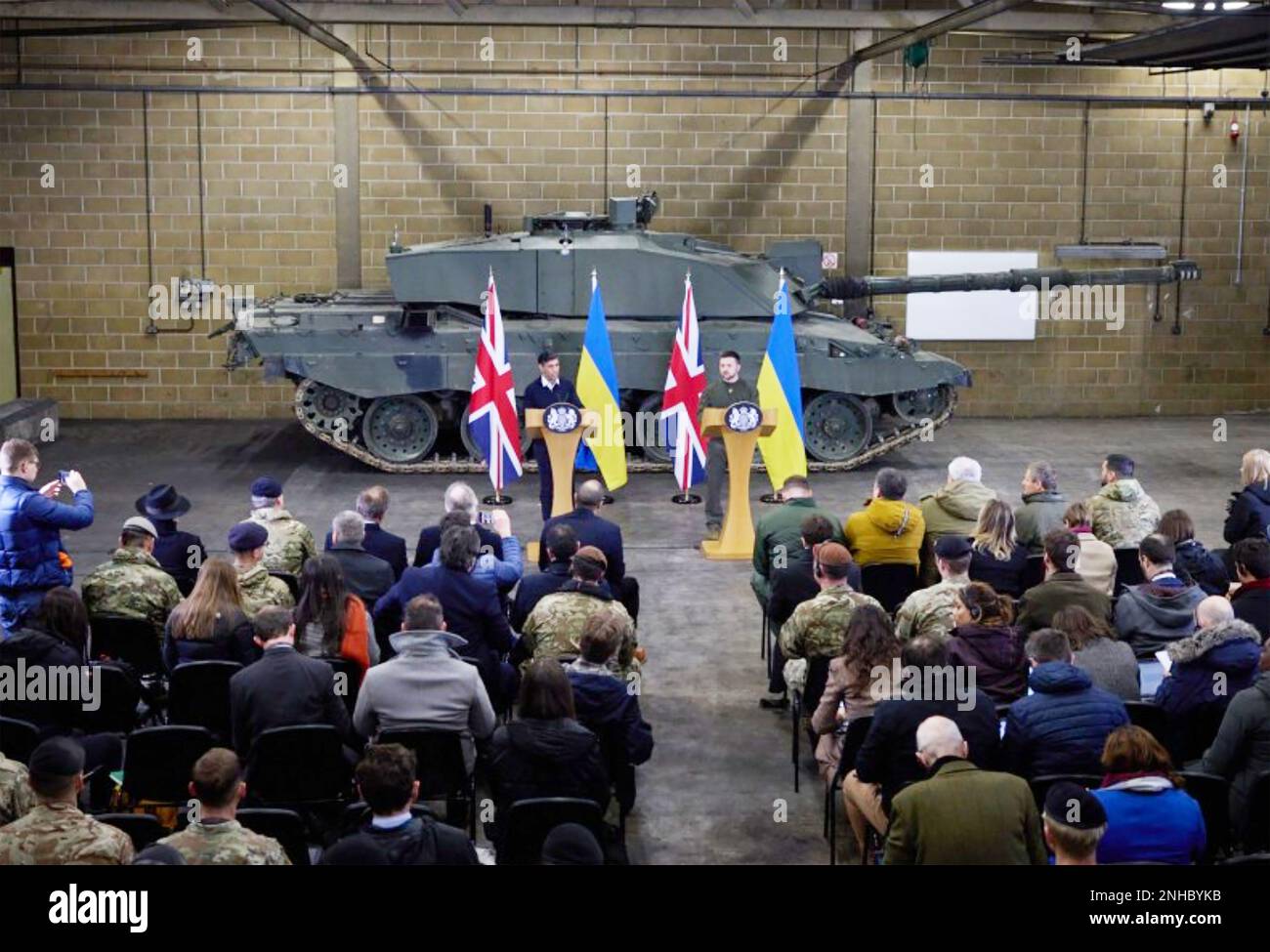 VOLODYMYR  ZELENSKY President of Ukraine is welcomed to the UK by UK Prime Minister Rishi Sunak on 8 February 2023 with a Challenger tank behind them. Stock Photo