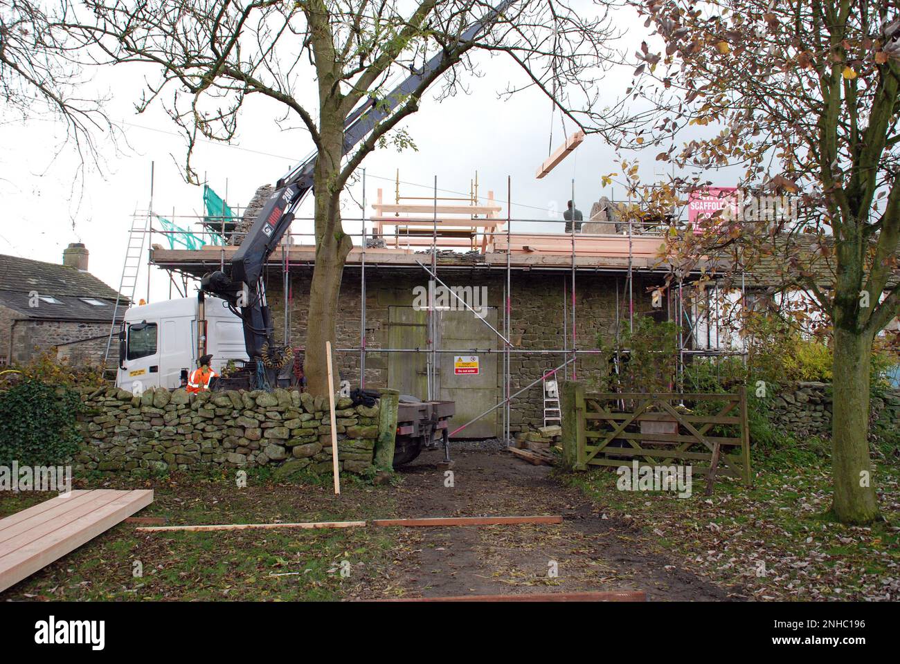 Early stages of barn restoration at Back Green Long Preston.The roof