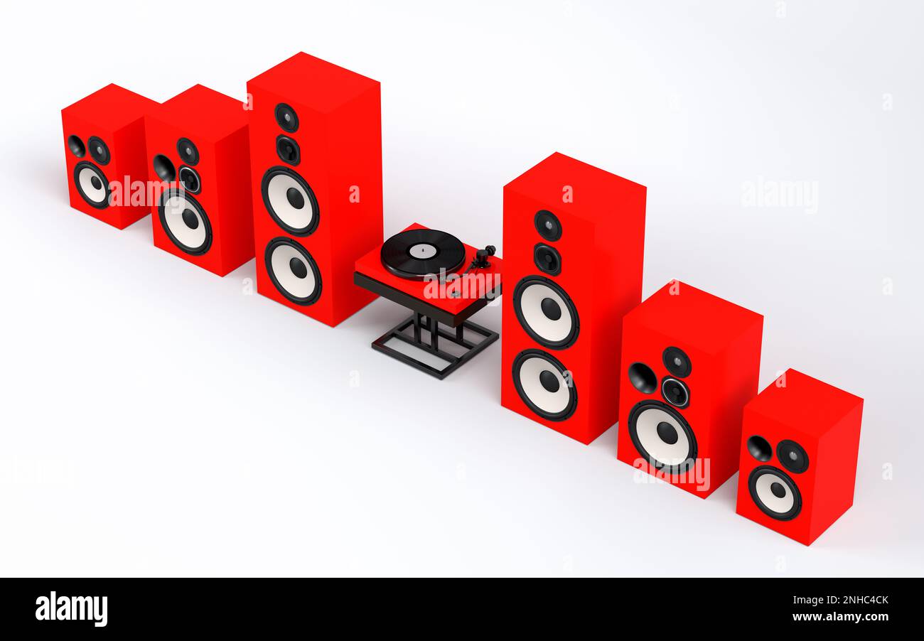 Set of Hifi speakers with loudspeakers and DJ turntable on white