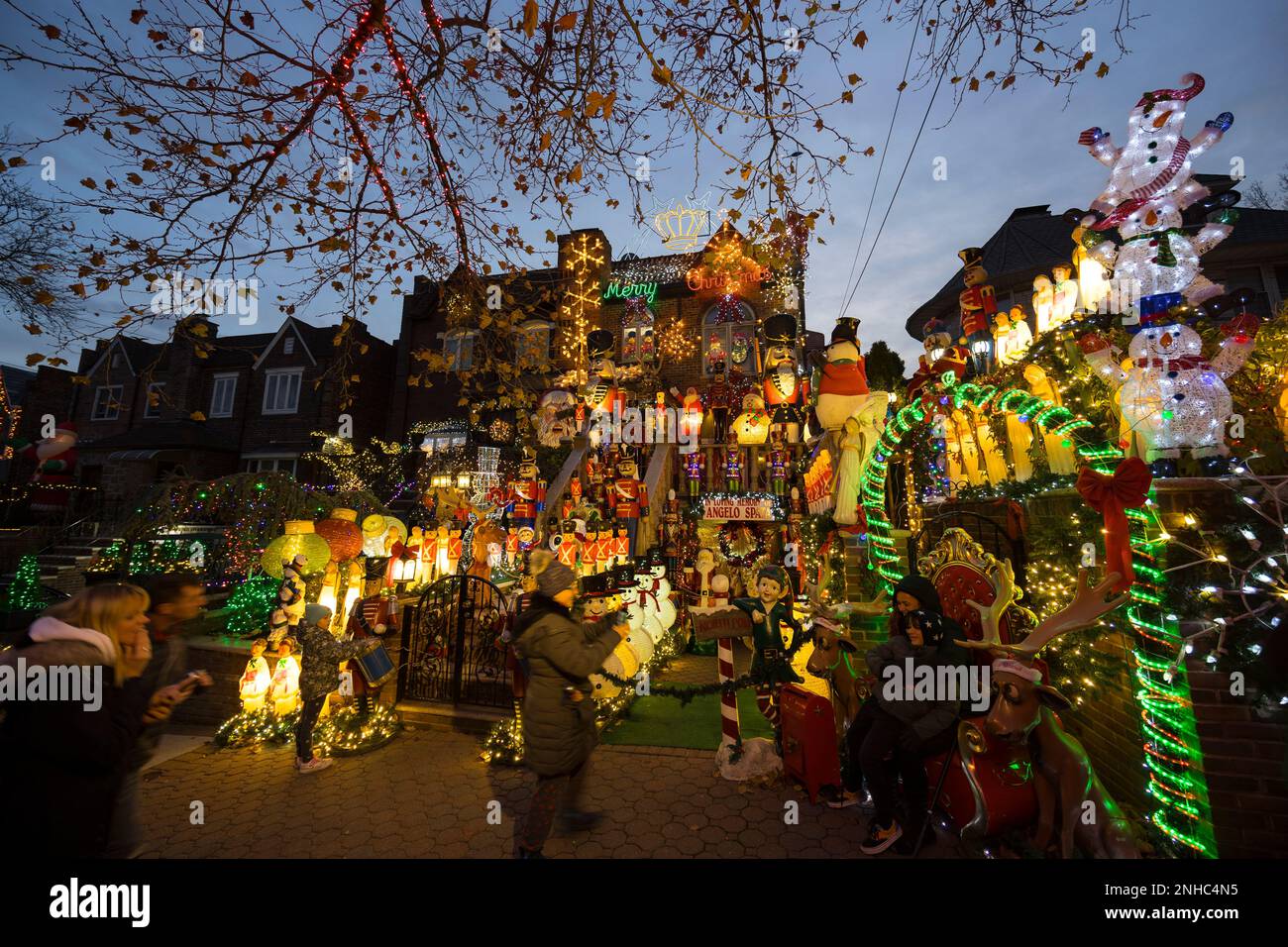 Christmas lights glow in Dyker Heights in Brooklyn New York City on