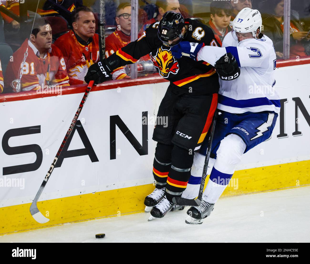 Tampa Bay Lightning defenseman Victor Hedman, right, checks Calgary