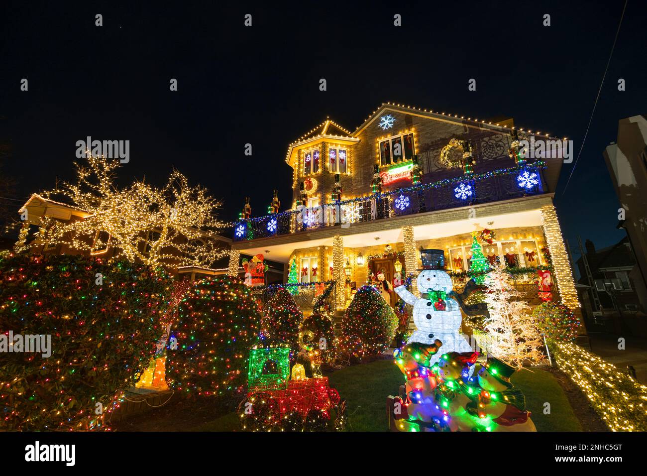 Christmas lights glow in Dyker Heights in Brooklyn New York City on