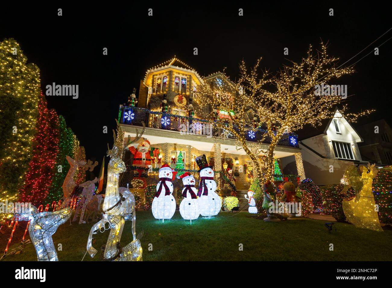 Christmas lights glow in Dyker Heights in Brooklyn New York City on