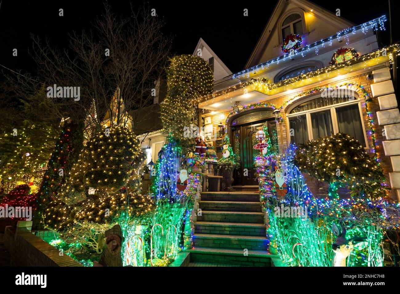 Christmas lights glow in Dyker Heights in Brooklyn New York City on
