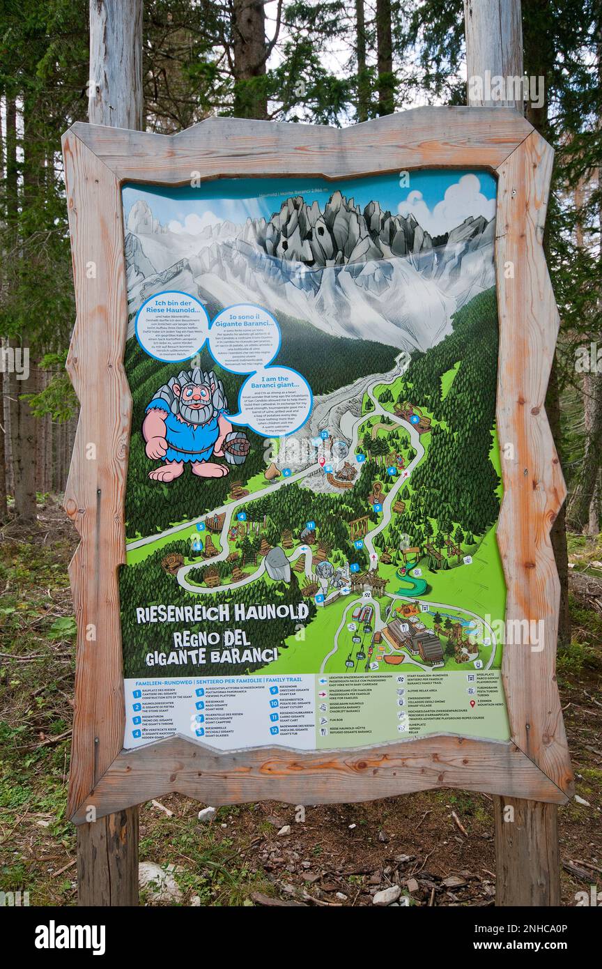Map sign of the Baranci Giant's Realm (Riesenreich Haunold), San Candido (Innichen), Pusteria Valley,Trentino-Alto Adige, Italy Stock Photo