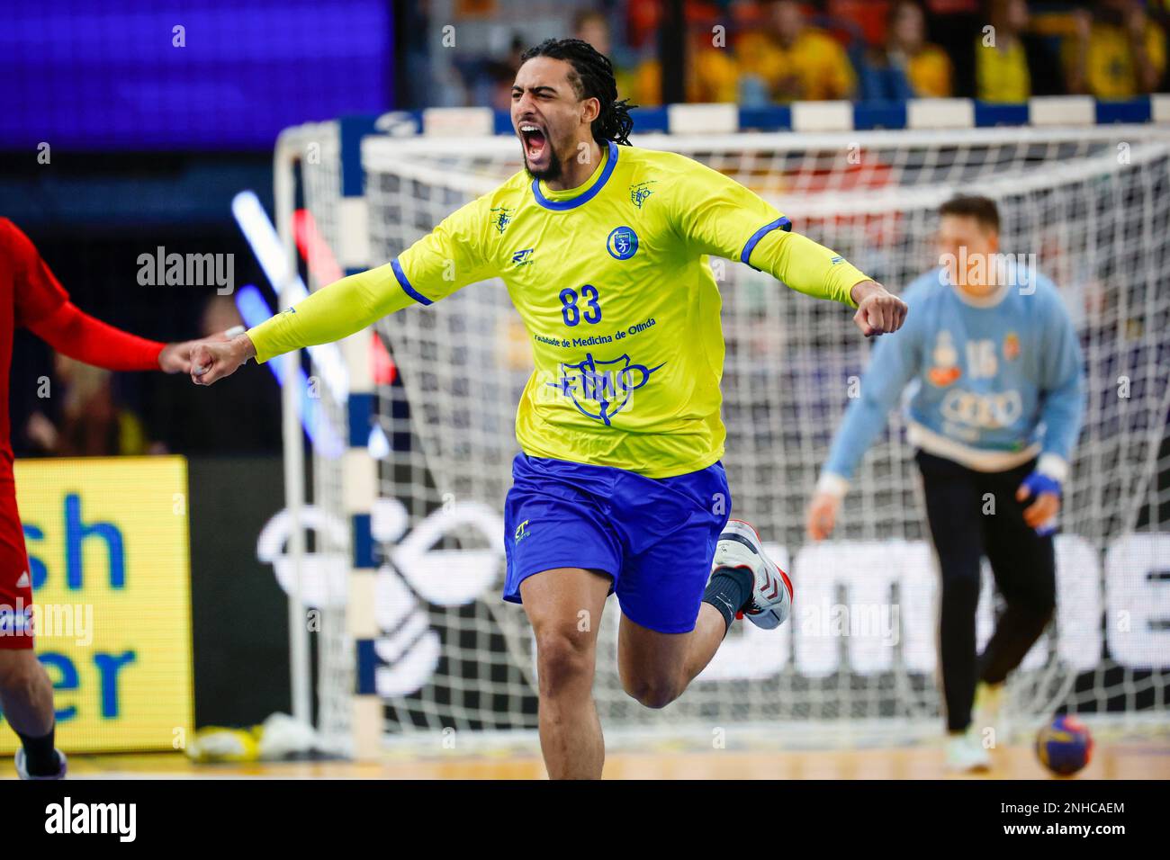 Brazil's Hugo Bryan Monta Da Silva celebrates a goal during the men's world  championship group 2 handball match between Brazil and Hungary at  Scandinavium Arena in Gothenburg, Sweden, Friday Jan. 20, 2023. (