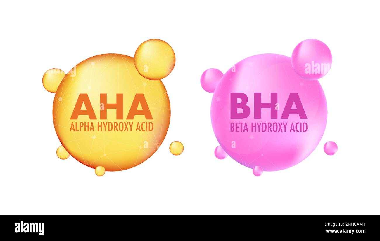 AHA and BHA. Alpha hydroxy acid and beta hydroxy acid. Dermal and