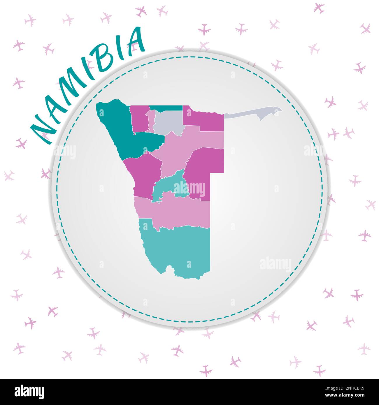 Namibia map design. Map of the country with regions in emeraldamethyst color palette. Rounded