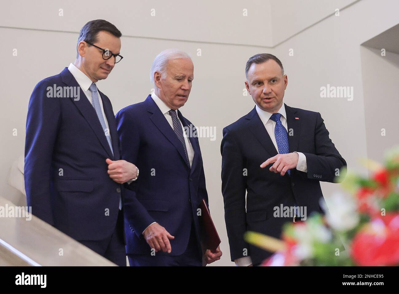 Warsaw, Poland. 21st Feb, 2023. US President Joe Biden (C) meets with Polish President Andrzej Duda (R) and Polish Prime Minister Mateusz Morawiecki (L) at the Presidential Palace in Warsaw on February 21, 2023. Photo by Przemyslaw keler/ KPRP/UPI Credit: UPI/Alamy Live News Stock Photo