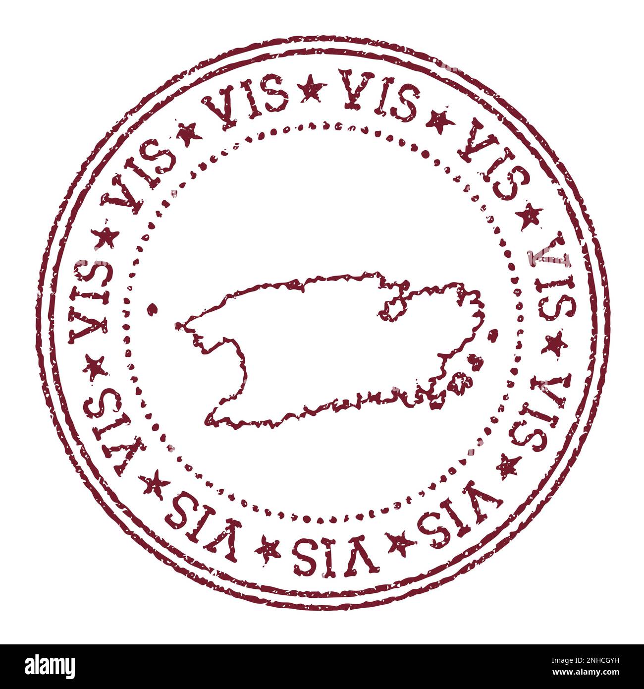 Vis round rubber stamp with island map. Vintage red passport stamp with circular text and stars, vector illustration. Stock Vector