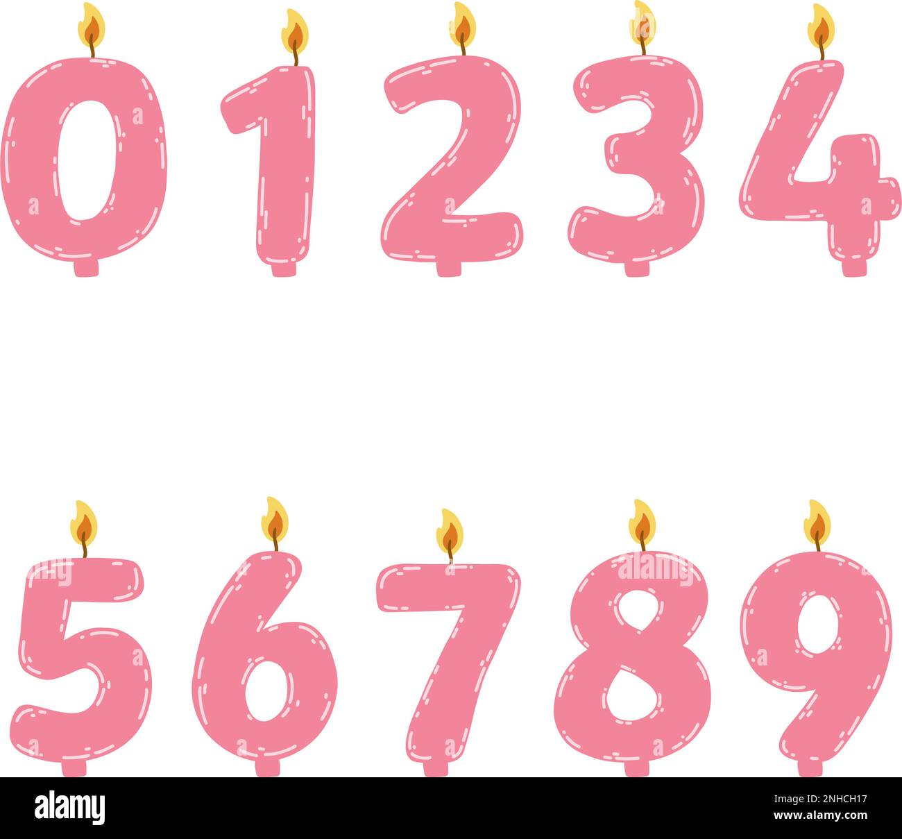 Hand drawn birthday candles numbers with burning flame. Vector