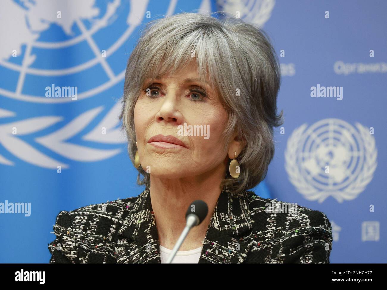 New York, United States. 21st Feb, 2023. Jane Fonda listens to speakers at a panel related to the UN High Seas Treaty at the United Nations Headquarters on Tuesday, February 21, 2023 in New York City. A new round of negotiations on the United Nations High Seas Treaty for conservation and sustainable use of marine biological diversity of areas beyond national jurisdiction (BBNJ) began in New York February 20, 2023. Photo by John Angelillo/UPI Credit: UPI/Alamy Live News Stock Photo