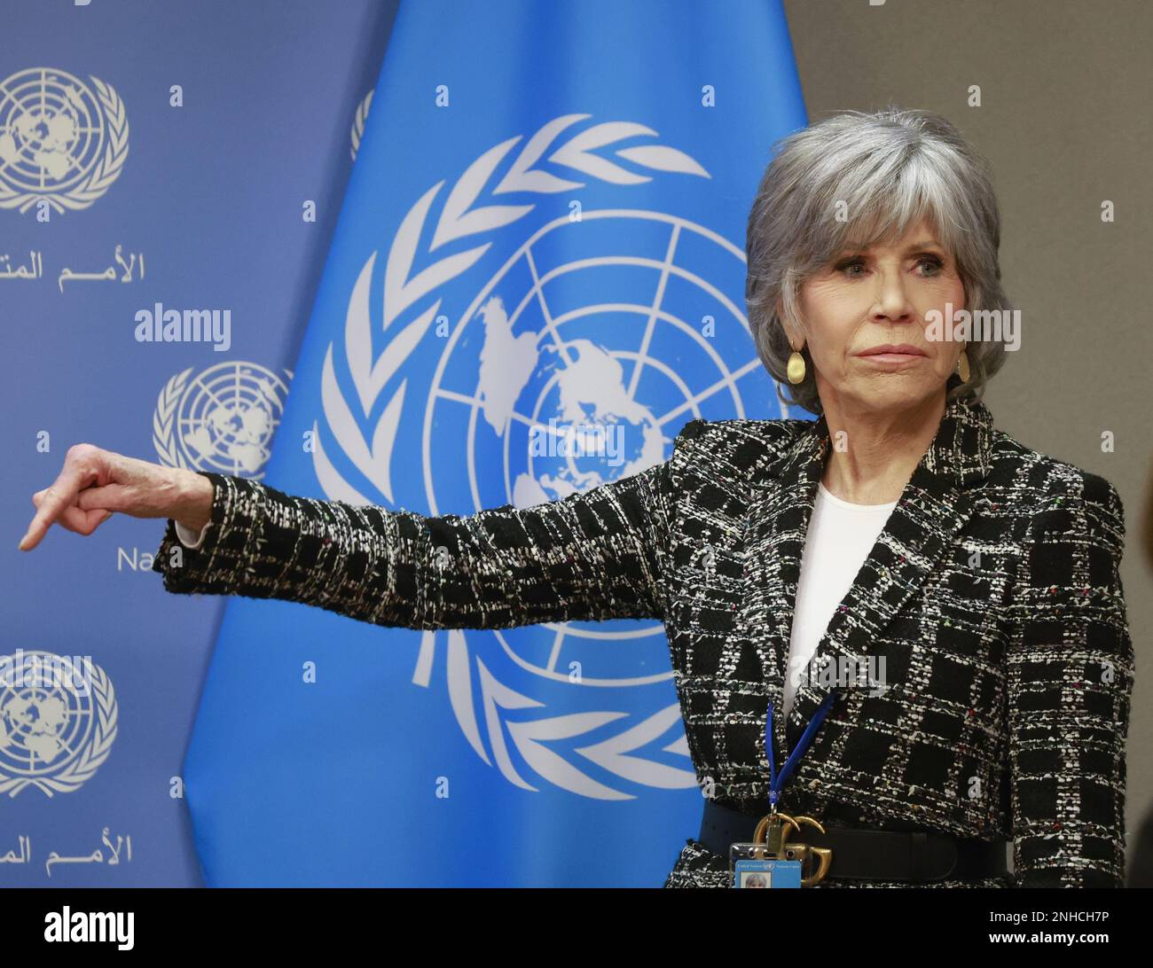 New York, United States. 21st Feb, 2023. Jane Fonda arrives to speak at a panel related to the UN High Seas Treaty at the United Nations Headquarters on Tuesday, February 21, 2023 in New York City. A new round of negotiations on the United Nations High Seas Treaty for conservation and sustainable use of marine biological diversity of areas beyond national jurisdiction (BBNJ) began in New York February 20, 2023. Photo by John Angelillo/UPI Credit: UPI/Alamy Live News Stock Photo