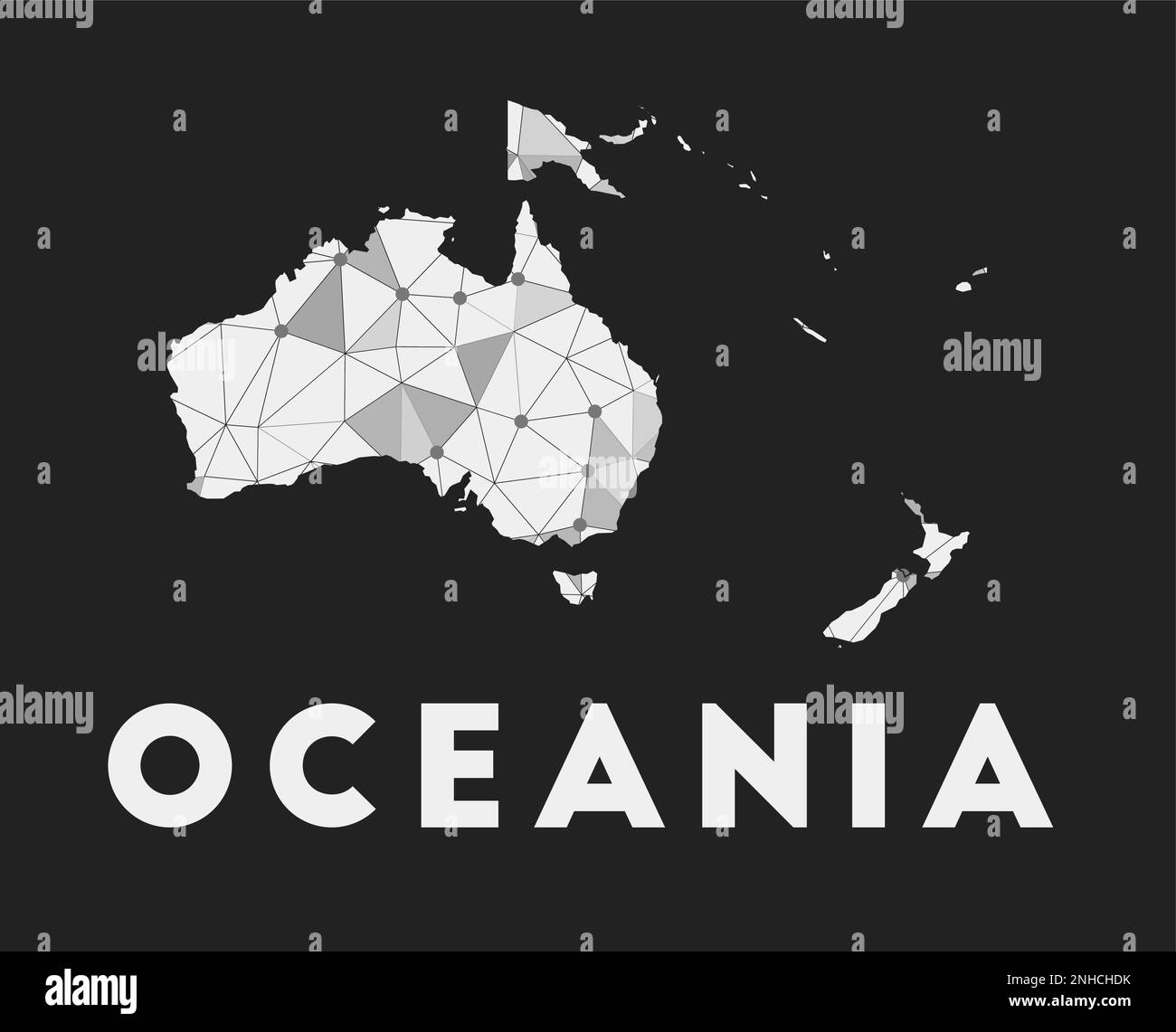 Oceania - communication network map of continent. Oceania trendy geometric design on dark background. Technology, internet, network, telecommunication Stock Vector