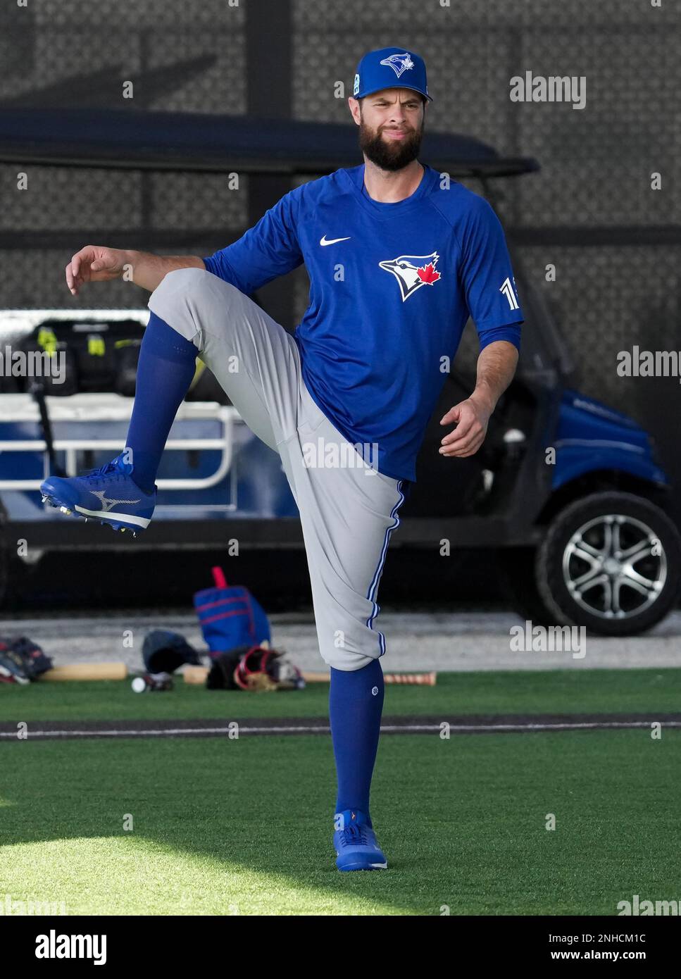 Toronto Blue Jays designated and first baseman Brandon Belt warms up