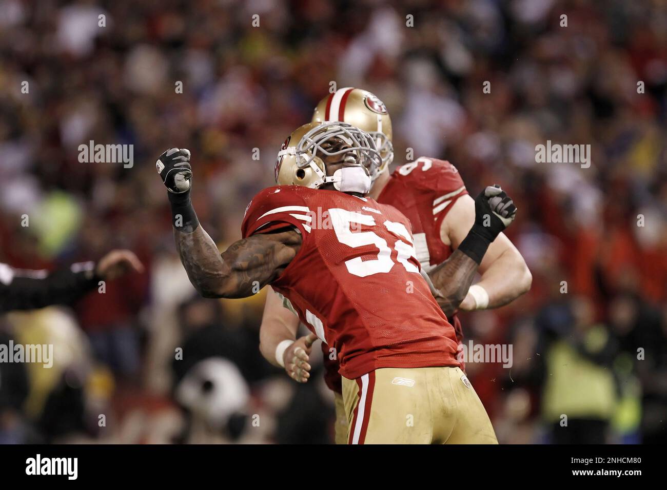 49ers linebacker Patrick Willis reacts during the second half of Sunday's  game. The San Francisco 49ers played the New York Giants in the NFC  Championship game at Candlestick Park in San Francisco,