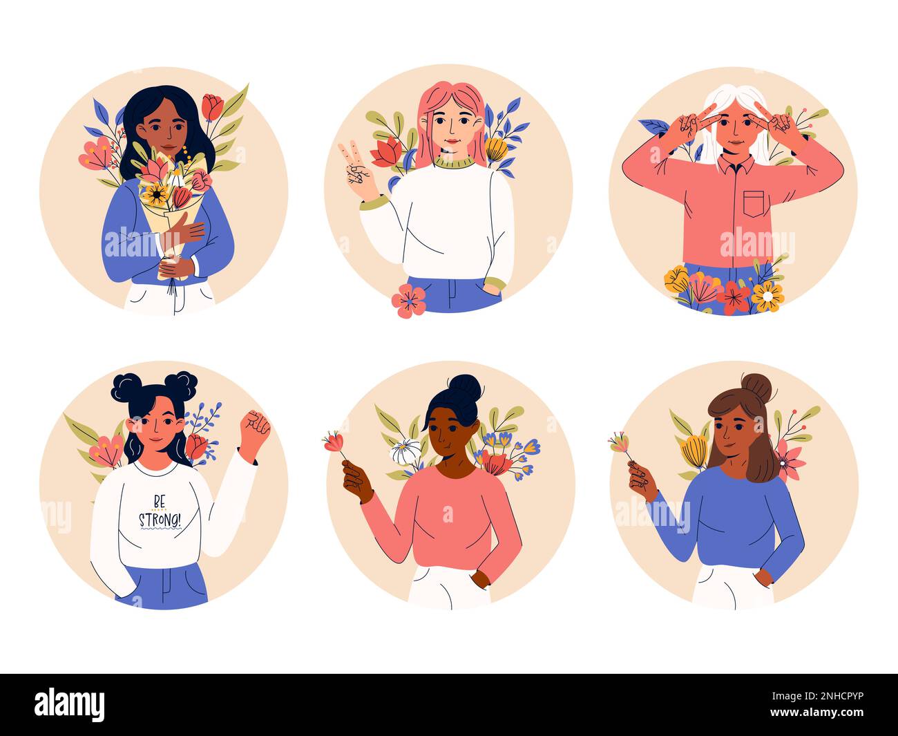 Beautiful girls with flowers in their hands. Girl power, feminism