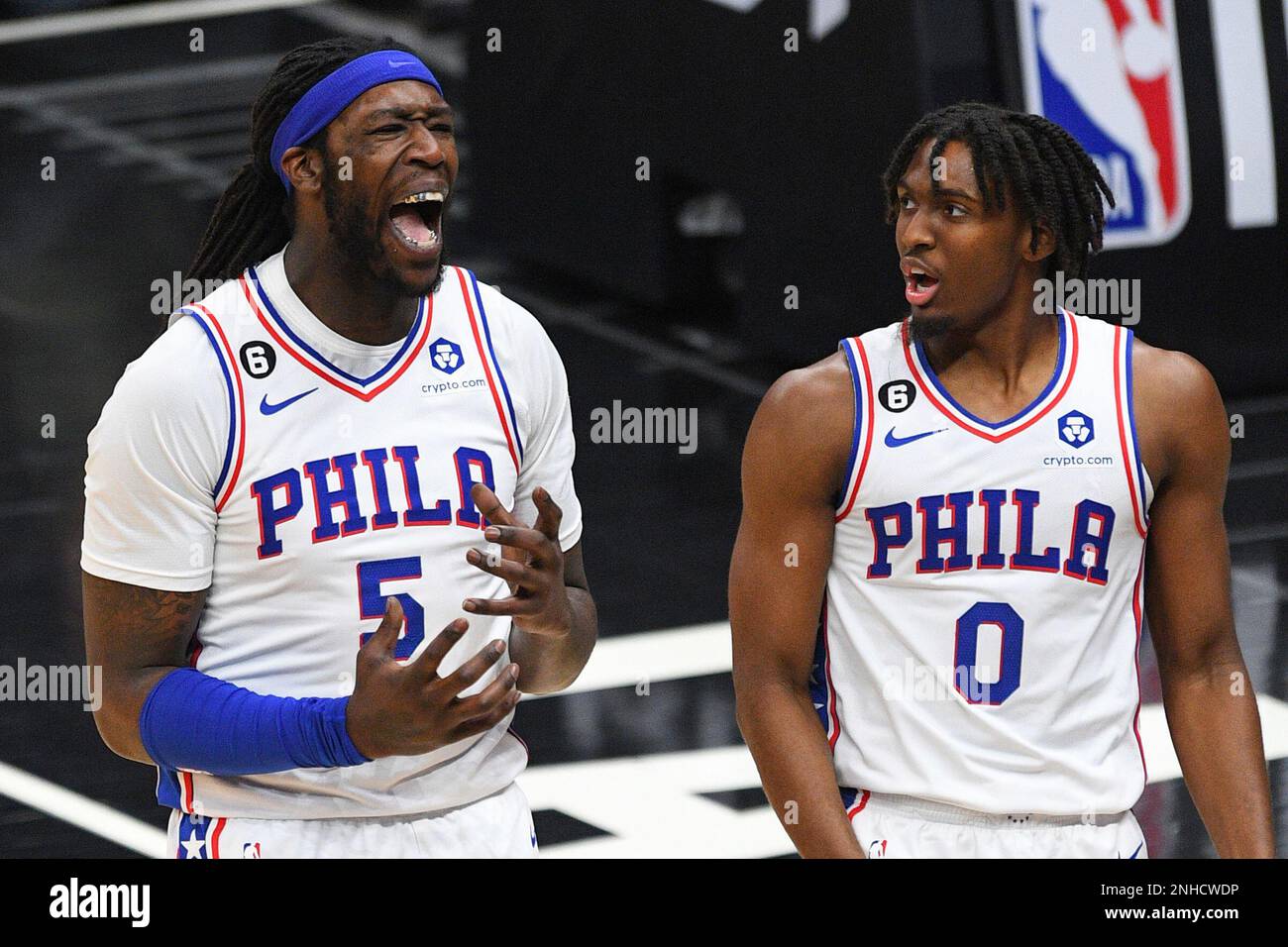 LOS ANGELES, CA - JANUARY 17: Philadelphia 76ers Center Montrezl Harrell  (5) and Philadelphia 76ers Guard Tyrese Maxey (0) react to losing a ball  out of bounds during a NBA game between