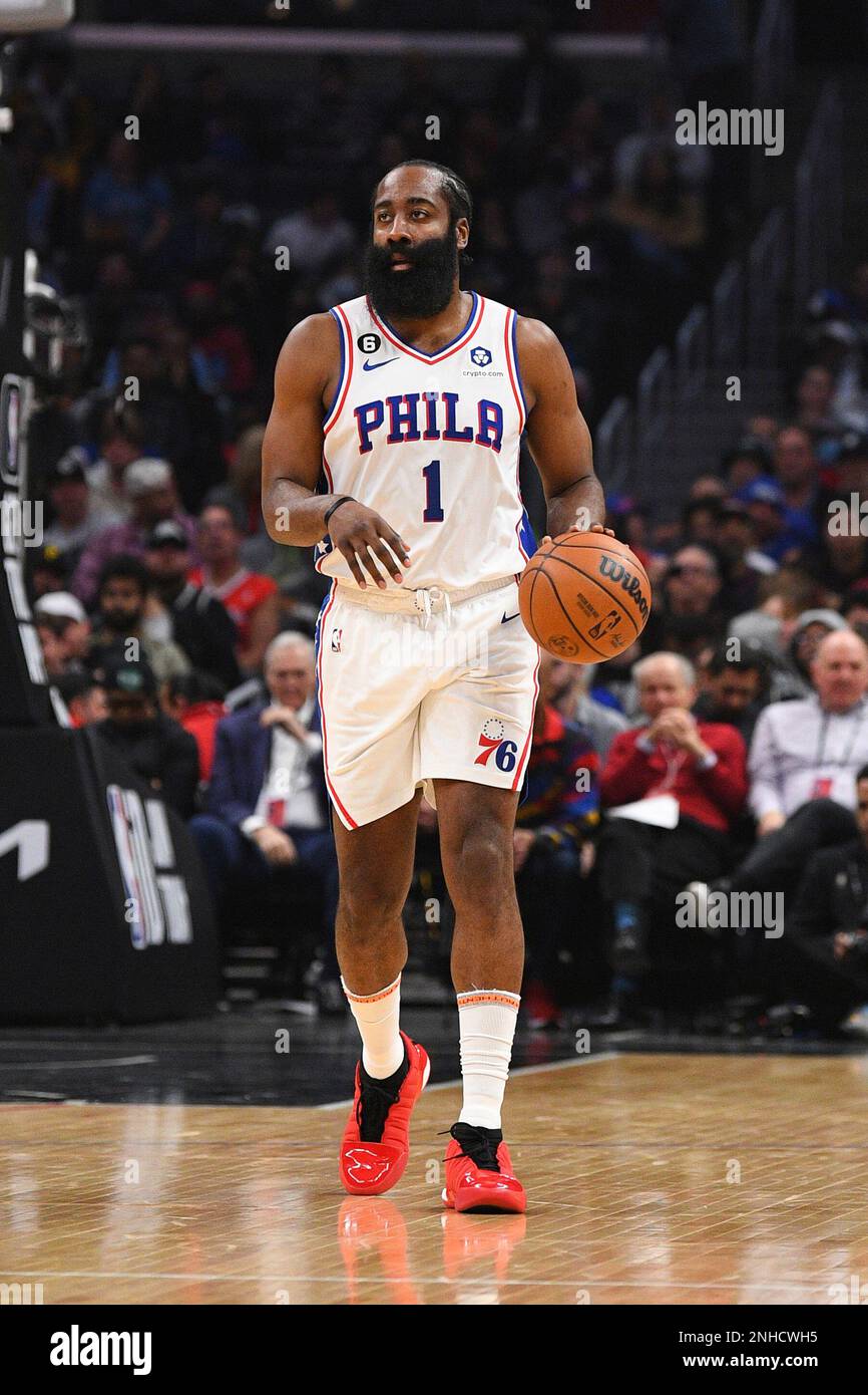 LOS ANGELES, CA - JANUARY 17: Philadelphia 76ers Guard James Harden (1)  dribbles up the court during a NBA game between the Philadelphia 76ers and  the Los Angeles Clippers on January 17,