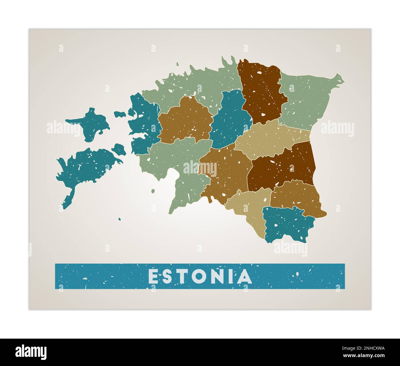 Estonia map. Country poster with regions. Old grunge texture. Shape of