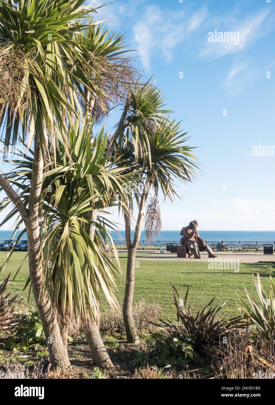 Palm trees and Tommy statue on Seaham seafront, in Co. Durham, England, UK Stock Photo