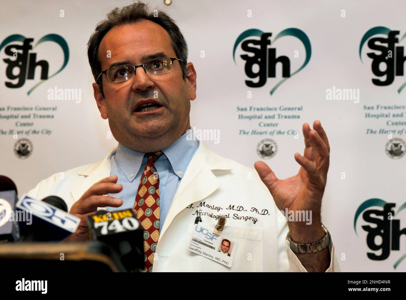 Dr. Geoff Manley, Chief of Neurosurgery at San Francisco General Hospital speaks to the media