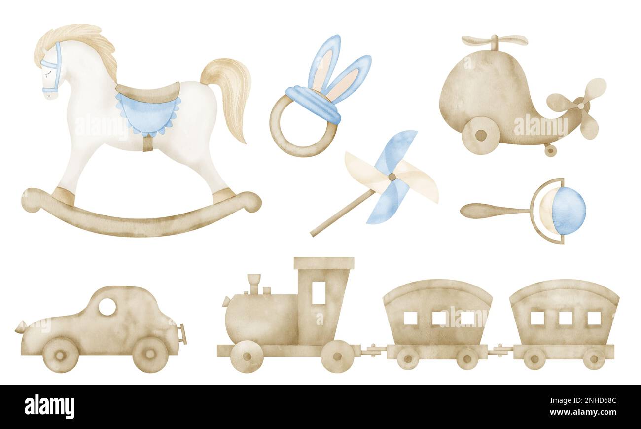 Baby wooden Toys watercolor set in cute Pastel blue and beige colors. Hand drawn illustration with vintage Rocking Horse and train. Drawing of cars and helicopter for newborn shower or birthday party. Stock Photo