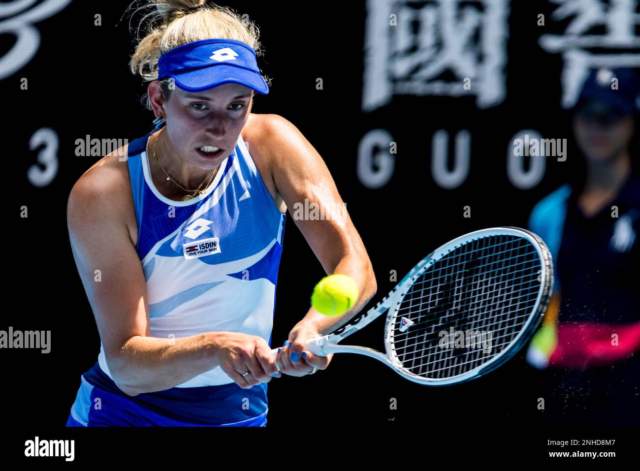 MELBOURNE, VIC - JANUARY 17: Elise Mertens of Belgium in action during  Round 1 of the 2023 Australian Open on January 17 2023, at Melbourne Park  in Melbourne, Australia. (Photo by Jason
