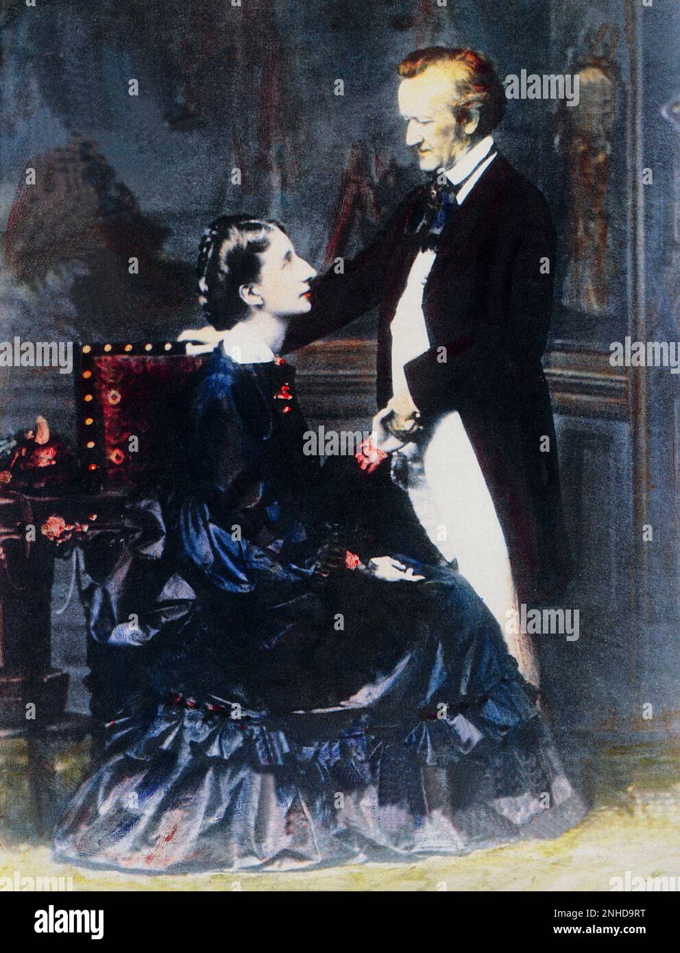 1872 : The german music composer RICHARD WAGNER ( 1813- 1883 ) with wife COSIMA WAGNER LISZT  ( daughter of music composer Franz Liszt and countess Marie de Flavigny d' Agout , 1837 - 1930 ), married with music conductor Hans Von Bulow , close friend of Wagner . Photo by Fritz Luckhardt   - MUSIC - CLASSICAL - MUSICA CLASSICA - LIRICA - OPERA - BAVARIA - BAVIERA - compositore - musicista - portrait - ritratto - profilo - profile - lovers - amanti  ----    Archivio GBB Stock Photo