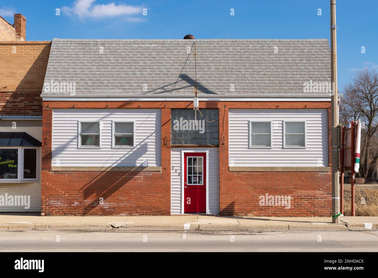Seneca, Illinois United States February 20th, 2023 Exterior of old building and storefront