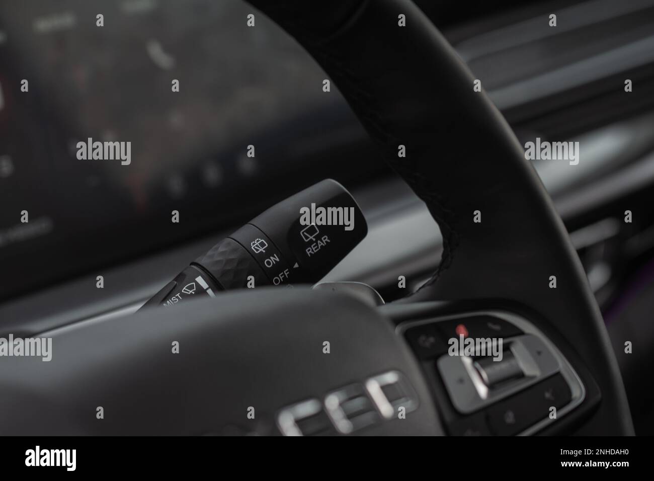 Moscow, Russia December 18, 2021 Car wiper adjustment lever. Wipers