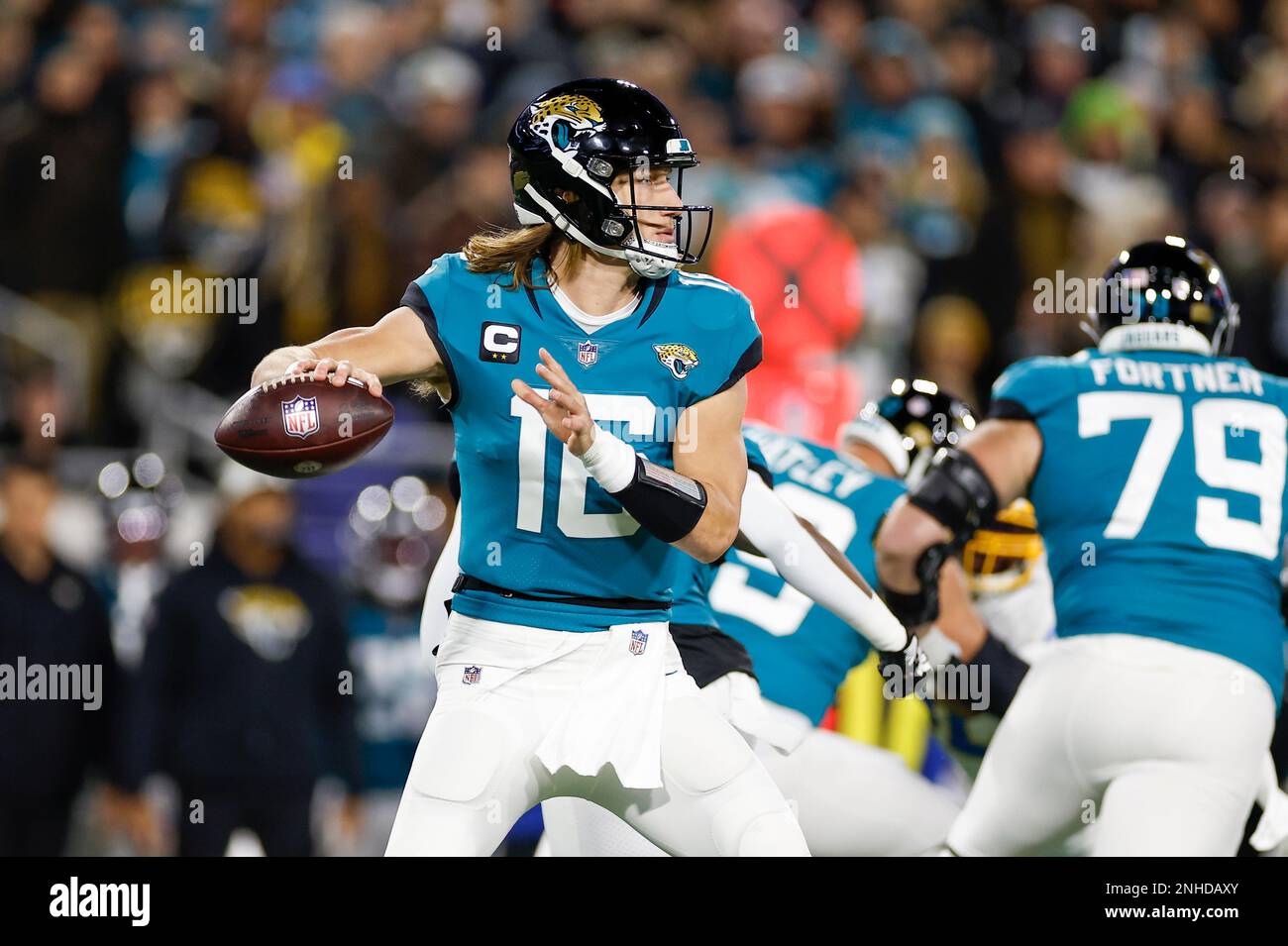 Jacksonville Jaguars quarterback Trevor Lawrence (16) throws while