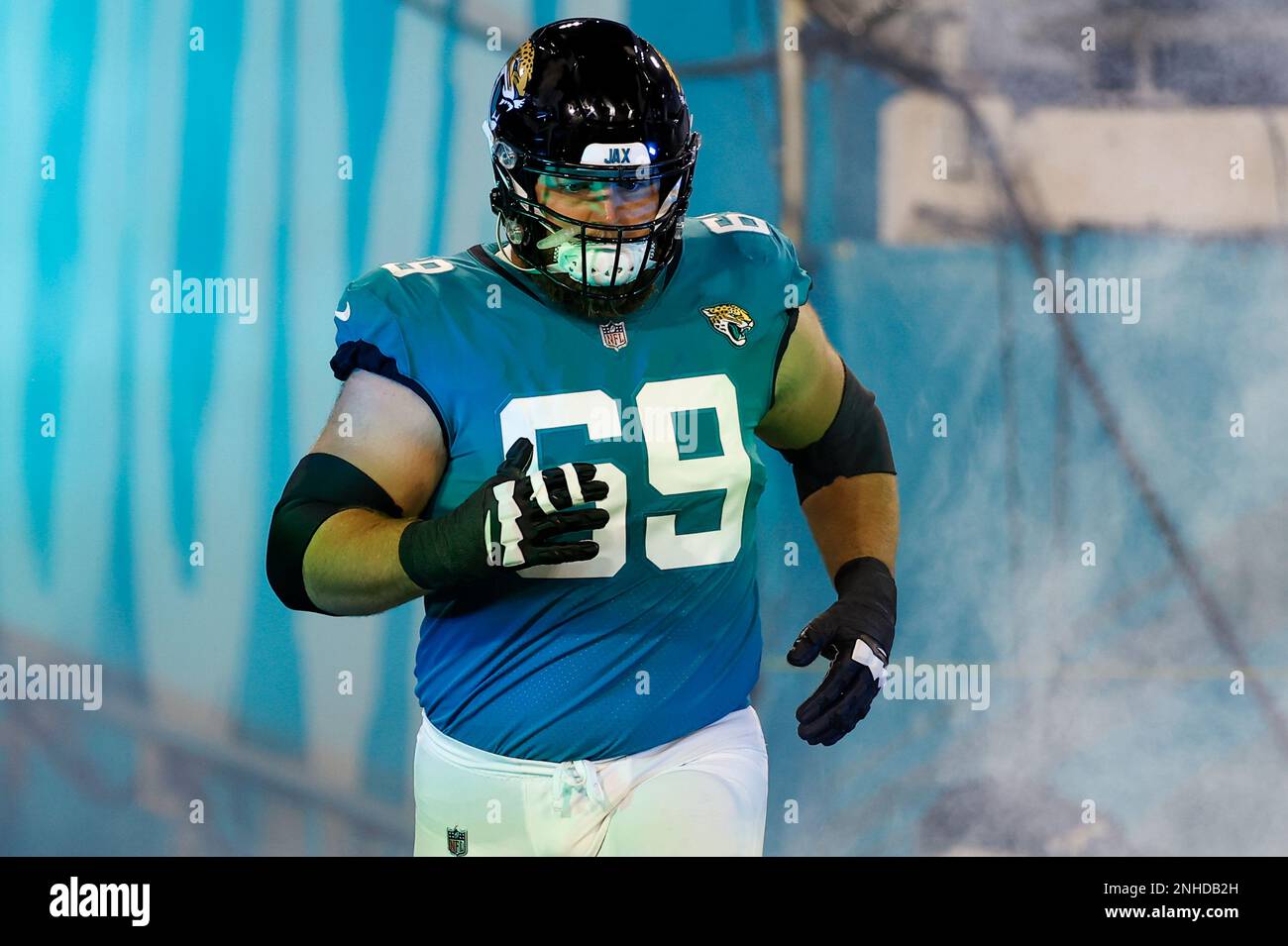 JACKSONVILLE, FL - JANUARY 14: Jacksonville Jaguars center Tyler Shatley  (69) during the game between the Los Angeles Chargers and the Jacksonville  Jaguars on January 14, 2023 at TIAA Bank Field in