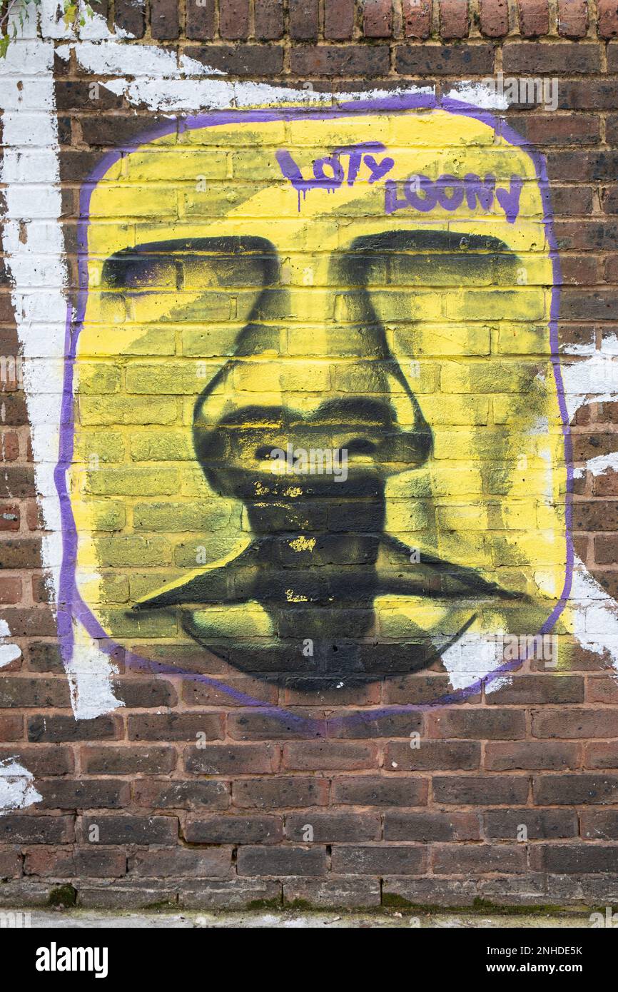 Street art for editorial use only: Mural graffiti by Loty Loony on Castlehaven Road brick wall in Camden Town district of London, England. Stock Photo