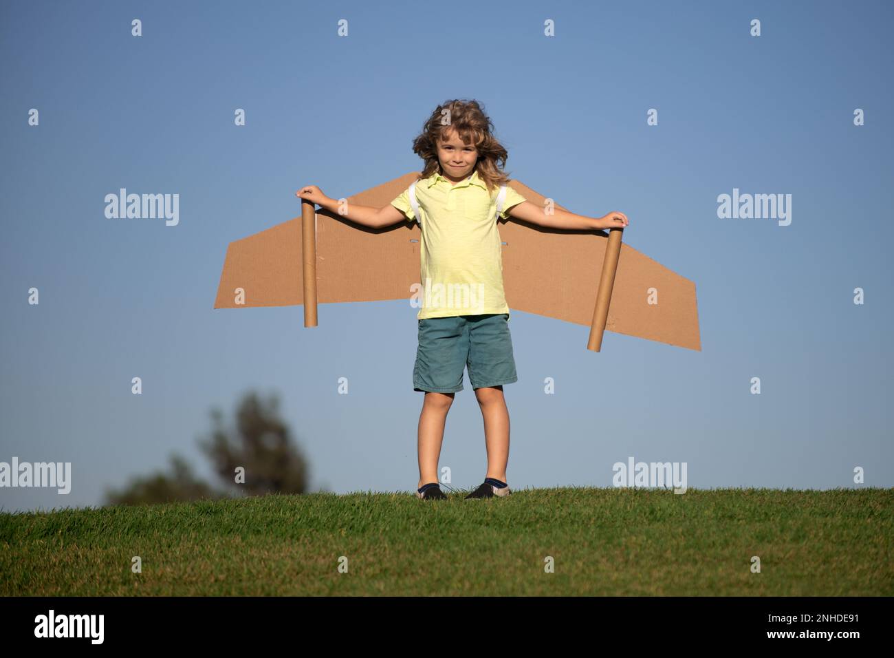 Funny boy with toy cardboard airplane wings fly. Startup freedom