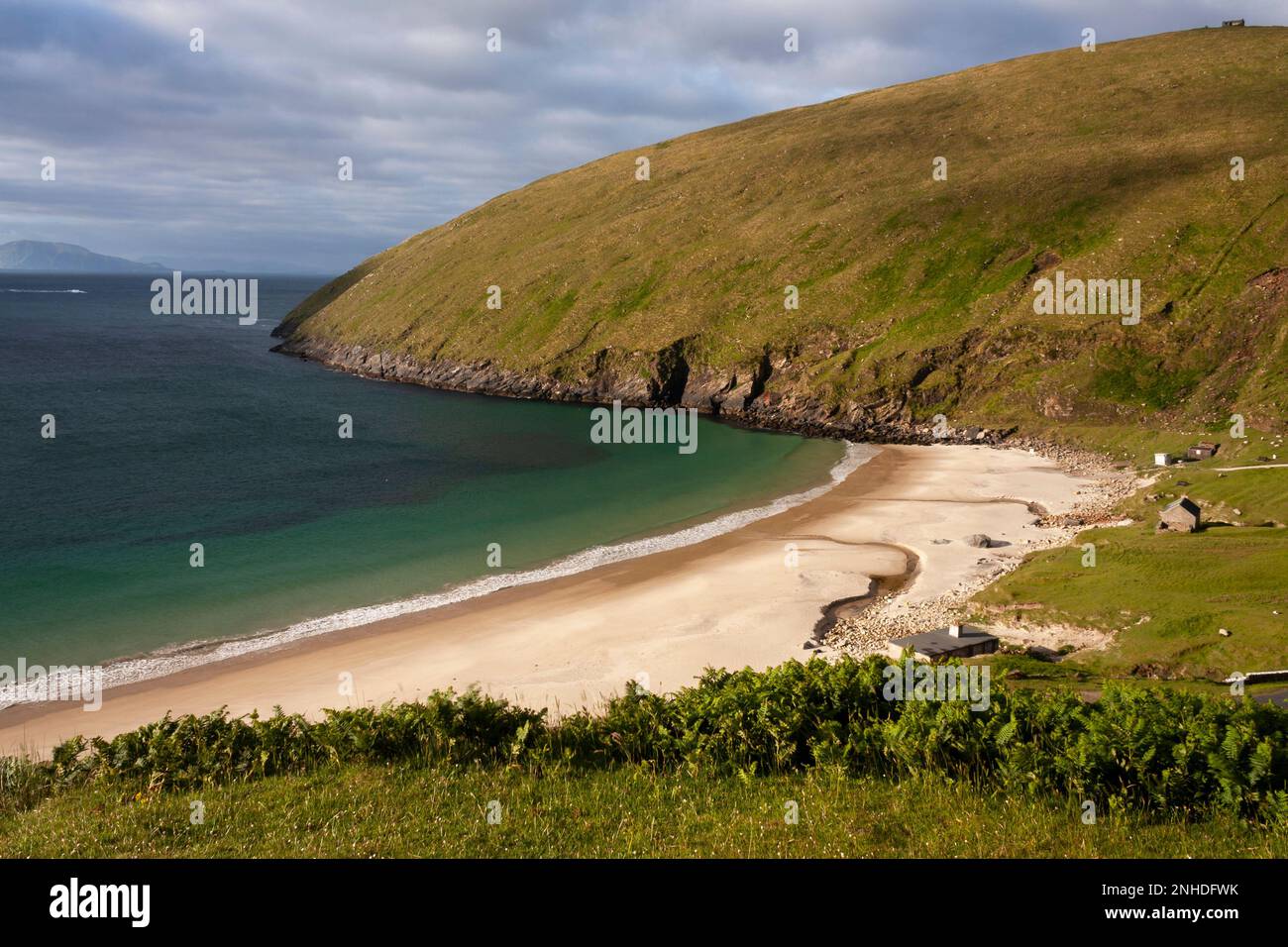 Keem beach and Moyteogue head on Achill island on the Wild Atlantic Way in County Mayo in Ireland Stock Photo