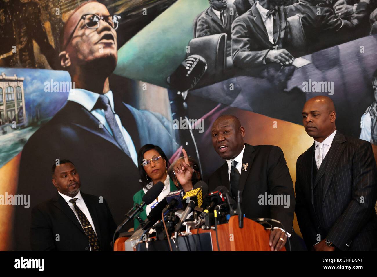 Attorney Ben Crump speaks alongside members of his legal team and Qubilah and Ilyasah Shabazz