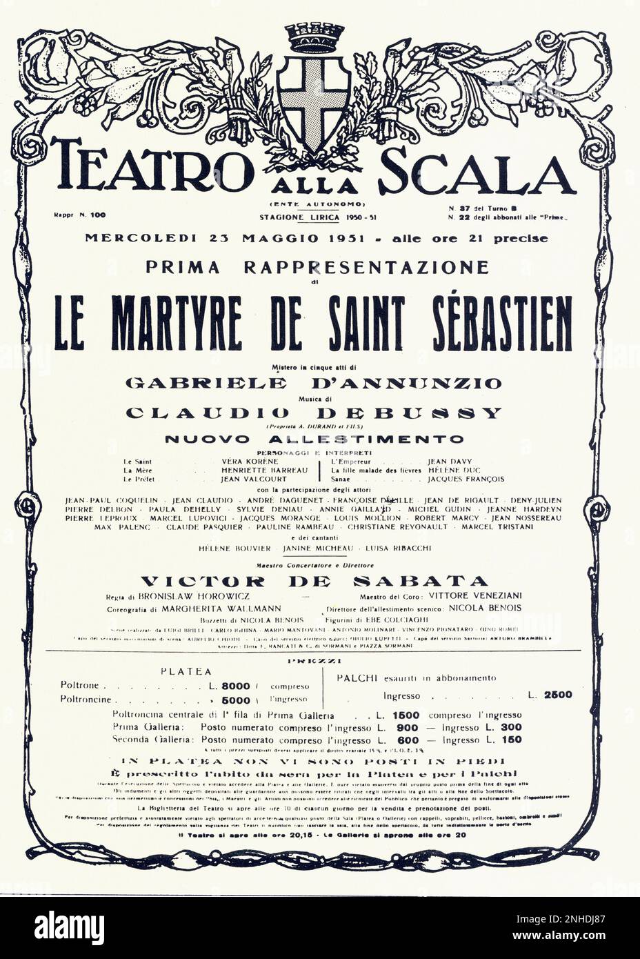 1951 : The poster for opening of  LE MARTYRE DE SAINT SEBASTIEN by Claude DEBUSSY , from a play by Gabriele D'ANNUNZIO   at   ALLA SCALA THEATRE in Milano , directed by movie conductor VICTOR DE SABATA  - TEATRO - OPERA LIRICA - MUSICA CLASSICA - CLASSICAL - MUSIC -  Theater - locandina - poster advertising  - DANNUNZIO - D' ANNUNZIO - BALLETTO - BALLET - IL MARTIRIO DI  SAN SEBASTIANO ----   Archivio GBB Stock Photo